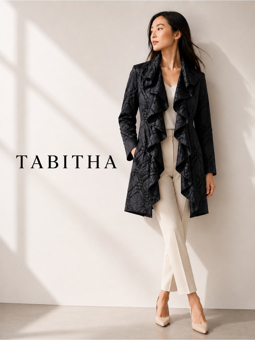 New Tabitha Black Quilted Ruffle-Front Trench Coat